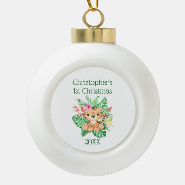 Personalize Babies First Christmas Baby Tiger Ceramic Ball Christmas Ornament (Front)