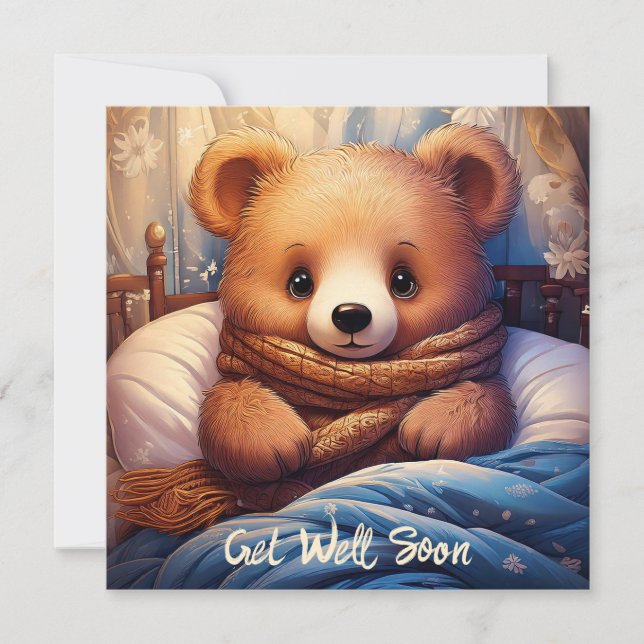 Personalize Baby Bear Sick in Bed Get Well Soon Card (Front)