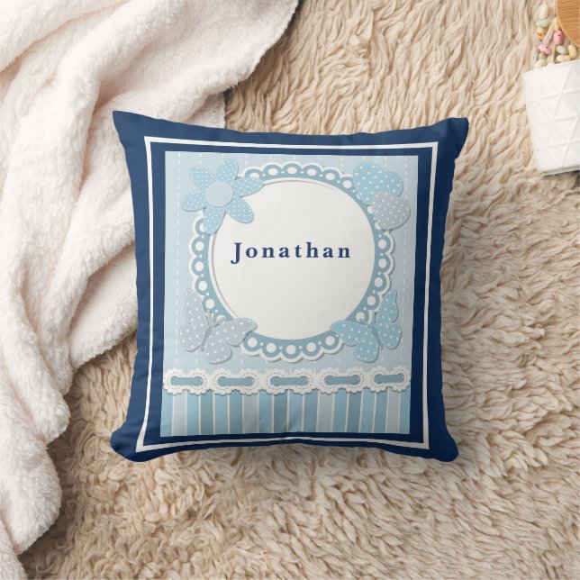 Personalize Baby Boy Blue Butterflies Flower Heart Throw Pillow (Blanket)