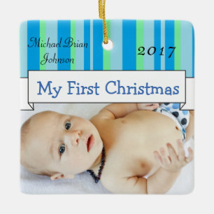 Personalize Baby Boy Photo Blue Christmas Ornament