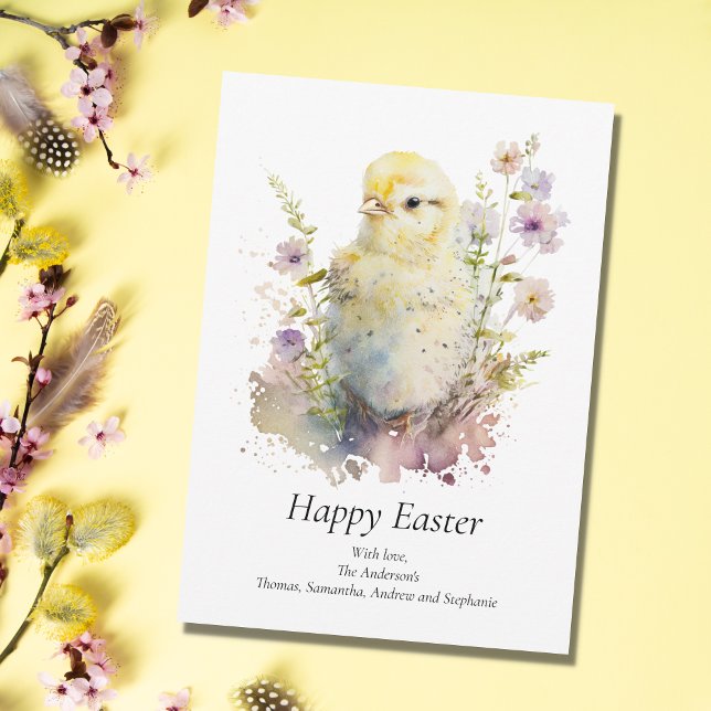 Personalize Baby Chick Pastel Floral Easter  Holiday Card (Creator Uploaded)