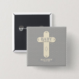 Personalize, Baby Dedication Cream & Grey Cross 2 Inch Square Button