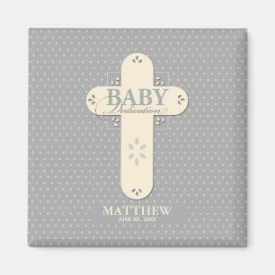 Personalize, Baby Dedication Cream & Grey Cross Magnet