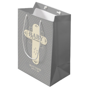 Personalize, Baby Dedication Cream & Grey Cross Medium Gift Bag