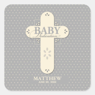 Personalize, Baby Dedication Cream & Grey Cross Square Sticker