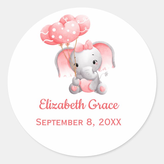 Personalize Baby Girl Pink Elephant Balloon  Classic Round Sticker (Front)