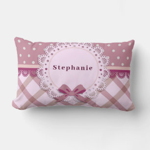 Personalize Baby Girl Pink Plaid Polka Dot Lumbar Pillow