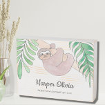 Personalize Baby Name Date Sloth Nursery Decor Wooden Box Sign<br><div class="desc">Adorable Baby Sloth Wooden Box Sign.
This cute baby decoration features a sweet baby sloth hanging from a branch,  framed with green watercolor jungle leaves.
Customize this sign with baby's name and date of birth.</div>
