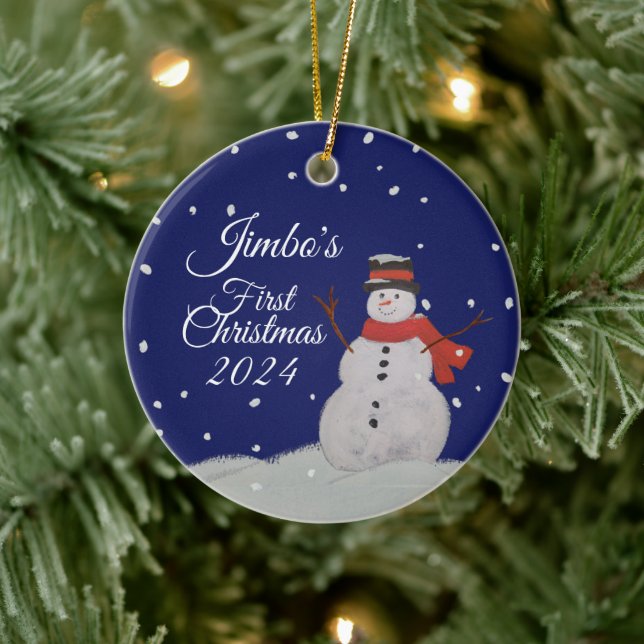PERSONALIZE Baby's first Christmas. Happy Snowman  Ceramic Ornament (Tree)
