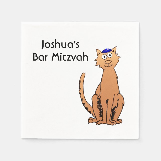 Personalize Bar Mitzvah Kippah Cat Party Napkin (Front)