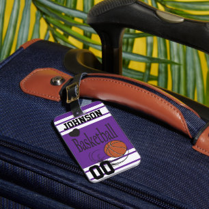 Personalize Basketball Dark Purple and White Luggage Tag
