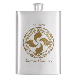 Personalize, Basque distressed bronze Lauburu, Hip Flask