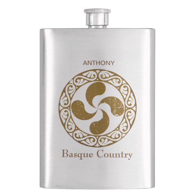 Personalize, Basque distressed bronze Lauburu, Hip Flask (Front)