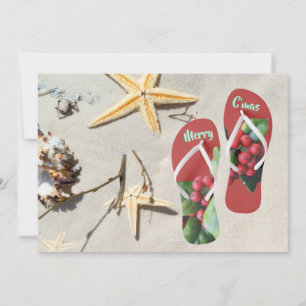 Personalize beach Christmas   holly and star fish Holiday Card