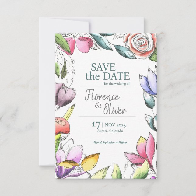 Personalize Beautiful Floral Outlined Save The Date (Front)