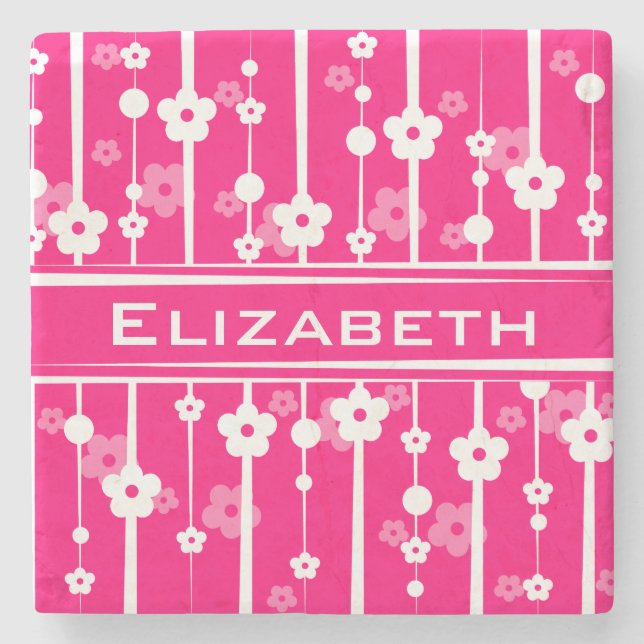 Personalize Beautiful Pink Flowers Lines Monogram Stone Coaster (Front)
