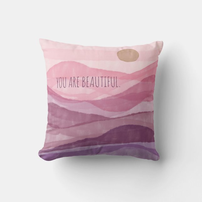 Personalize Beautiful Watercolor Sun & Mountains Throw Pillow (Front)