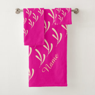 Personalize Beige Leaf Repeat Hot Pink   Bath Towel Set