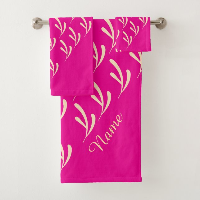 Personalize Beige Leaf Repeat Hot Pink   Bath Towel Set (Insitu)