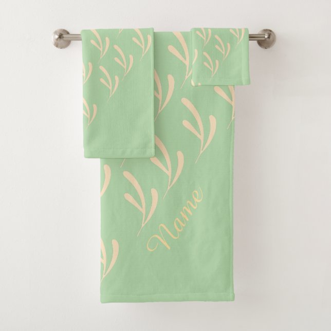 Personalize Beige Leaf Repeat Pastel Green   Bath Towel Set (Insitu)