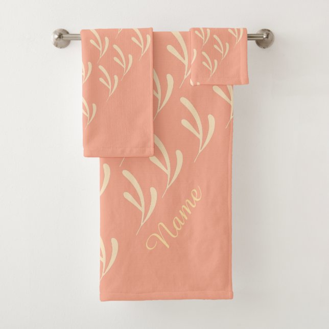 Personalize Beige Leaf Repeat Peach  Bath Towel Set (Insitu)