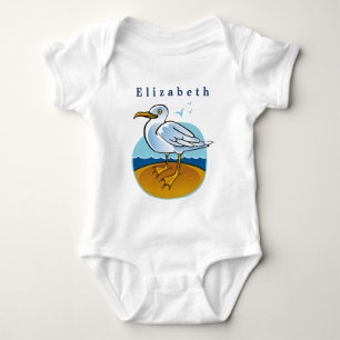 Personalize Bird Seagull on Brown Sandy Beach Baby Bodysuit