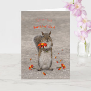 Personalize Birthday Girl  Squirrel with flower Card