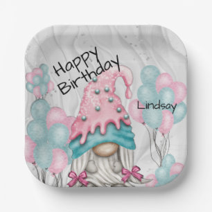 Personalize Birthday Gnome for her Pink Turquoise  Paper Plate