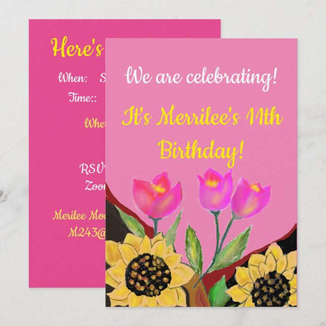 Personalize Birthday Invite Tulips & Sunflowers (Front/Back)