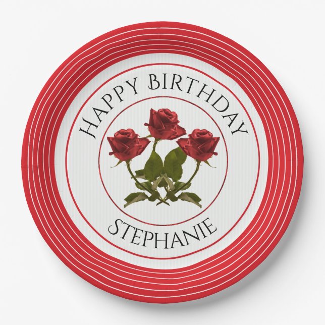 Personalize:  Birthday Red Rose Floral Photography Paper Plate (Front)