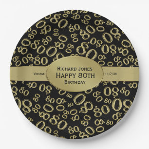 Personalize:  Black and Gold 80th Birthday Theme Paper Plate