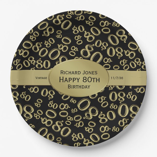 Personalize:  Black and Gold 80th Birthday Theme Paper Plate (Front)