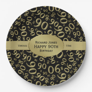 Personalize:  Black and Gold 90th Birthday Theme Paper Plate