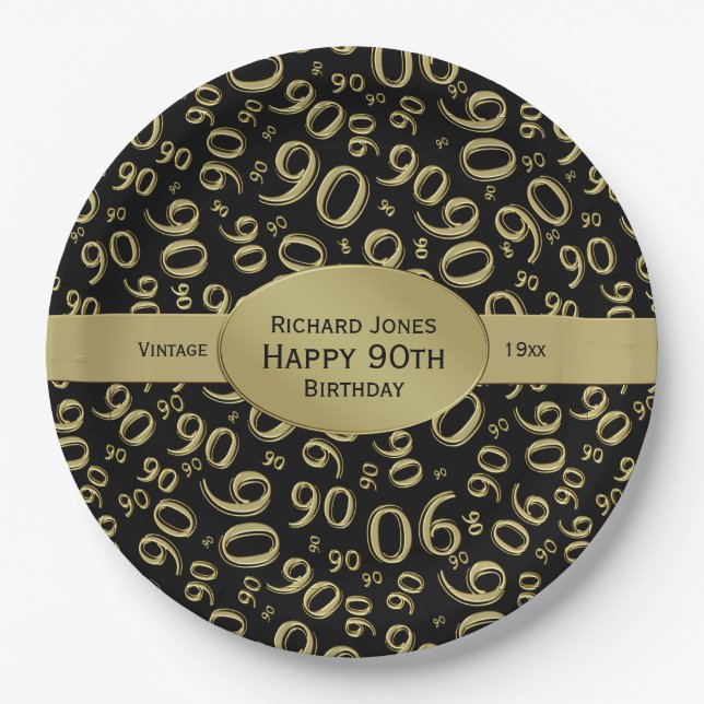 Personalize:  Black and Gold 90th Birthday Theme Paper Plate (Front)