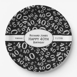 Personalize:  Black and White 40th Birthday Theme Paper Plate