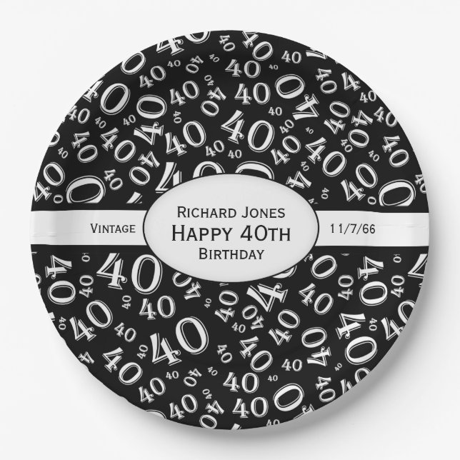 Personalize:  Black and White 40th Birthday Theme Paper Plate (Front)