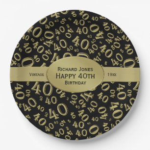 Personalize:  Black/Gold 40th Birthday Party Theme Paper Plate