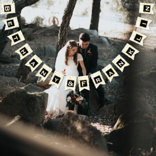 Personalize Black Gold and White Polka Dot Wedding Bunting Flags