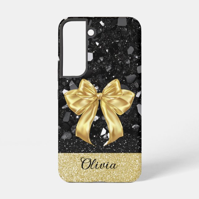 Personalize Black & Gold Glitter Print W/Bow  Samsung Galaxy S22 Case (Back)