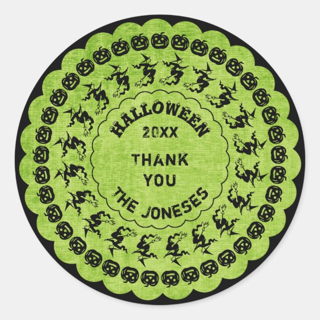 Personalize Black/Green Halloween Font Art Circle Classic Round Sticker (Front)