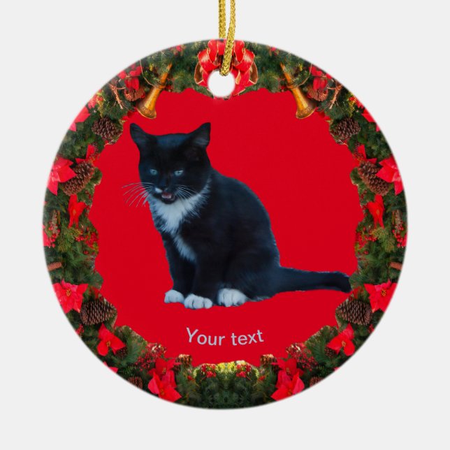 Personalize Black Kitten Tuxedo sitting Meows  Ceramic Ornament (Front)