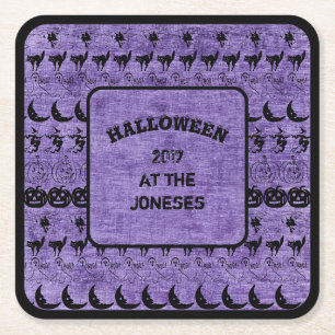 Personalize:  Black/Purple Halloween  Fun Font Art Square Paper Coaster