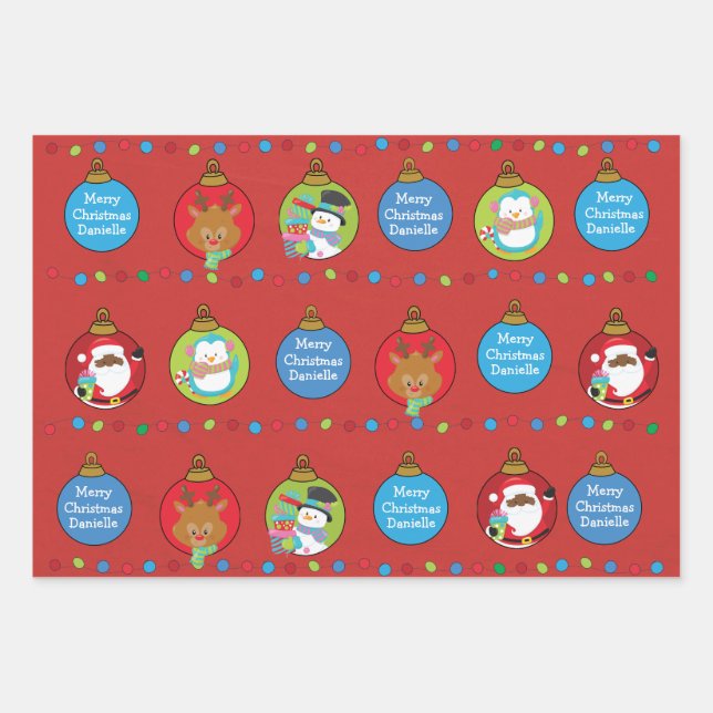 Personalize  Black Santa and Friends Wrapping Paper Sheet (Front 3)