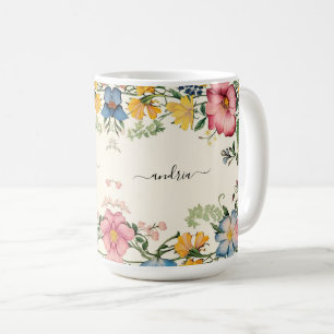 Personalize Black Script Name, Vintage Wildflowers Coffee Mug