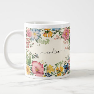 Personalize Black Script Name, Vintage Wildflowers Large Coffee Mug