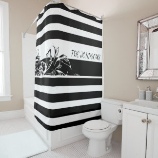 Personalize Black Stripe Monogram Shower Curtain