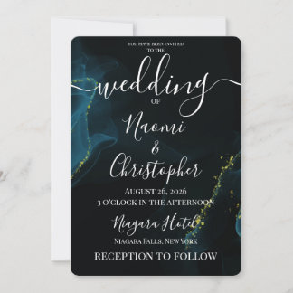 Personalize: Black Teal Gold Alcohol Ink Wedding Invitation