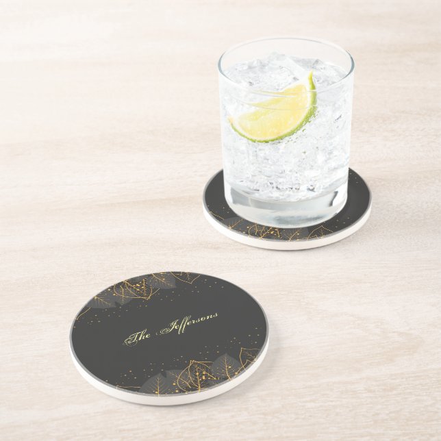 Personalize Black with Gold Leaf Border  Sandstone Coaster (Side)