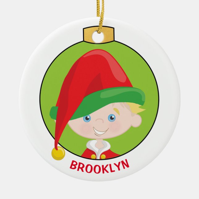 Personalize Blonde Boy Elf Ceramic Ornament (Front)
