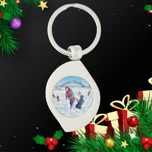 PERSONALIZE Blue and Reds Winter Painting Scene Keychain